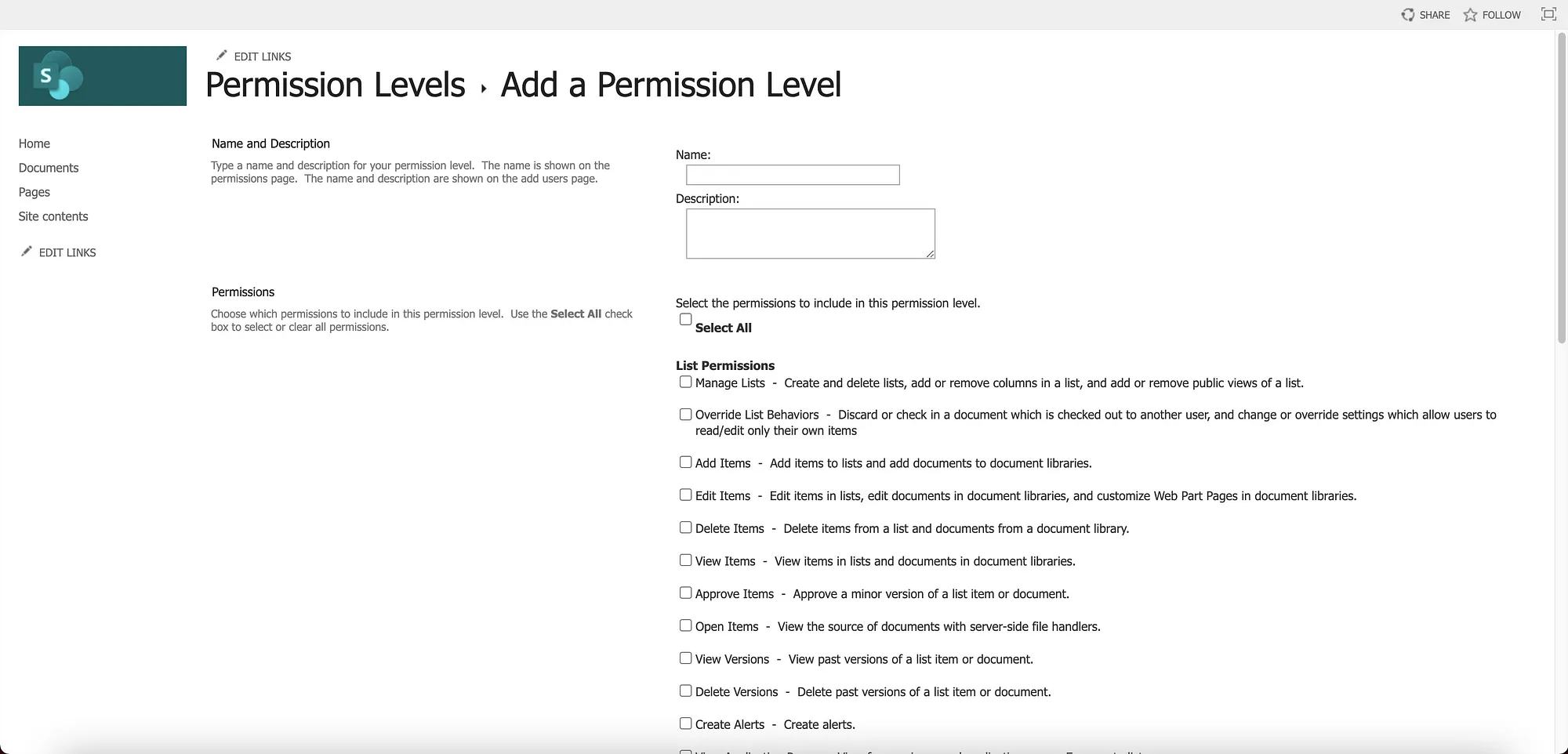 SharePoint Online add permission levels