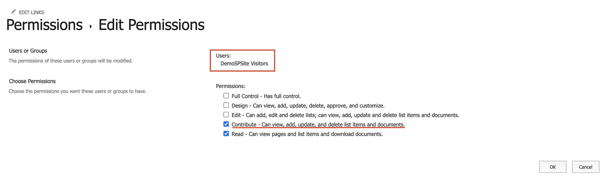 SharePoint Online example contributor permission levels